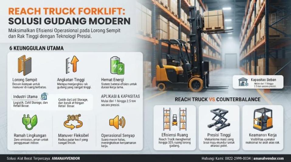 Reach Truck Forklift: Fungsi, Keunggulan, dan Aplikasinya